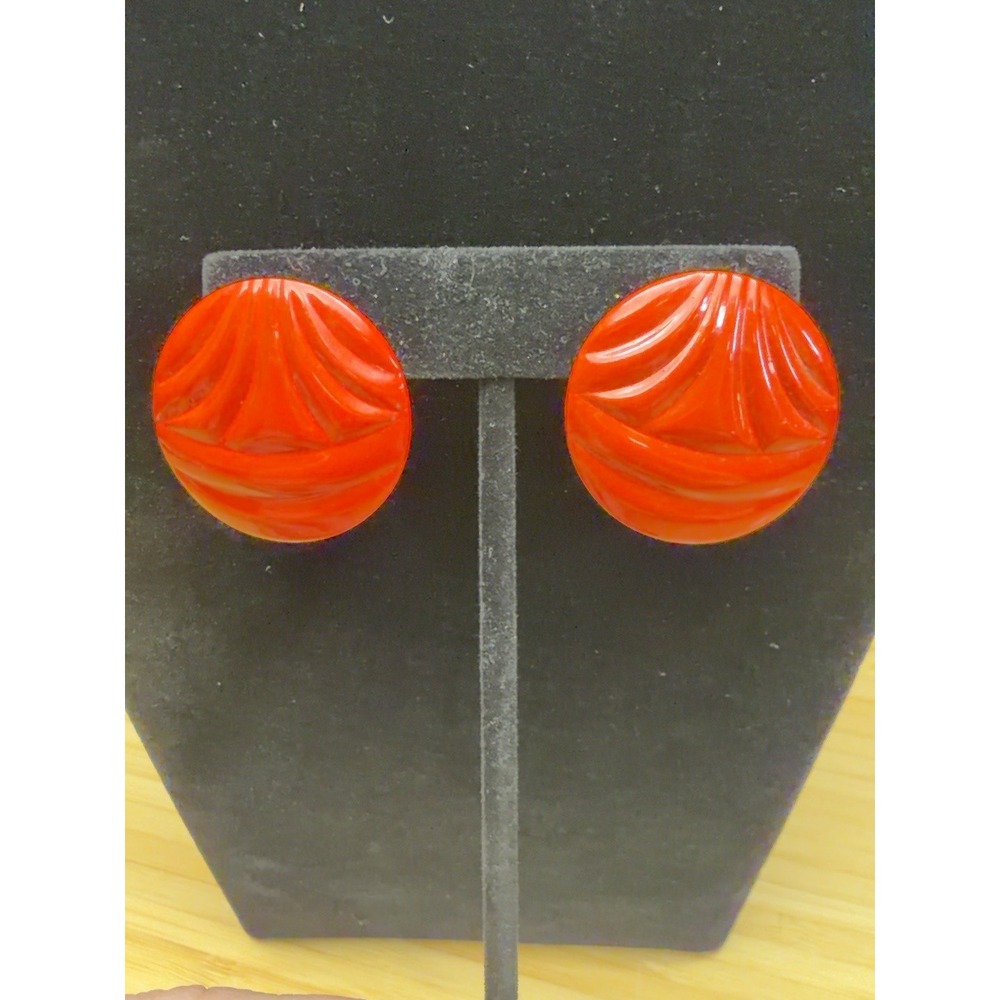 Red Orange Round Carved Look Statement Stud Earrings Art Deco Retro
